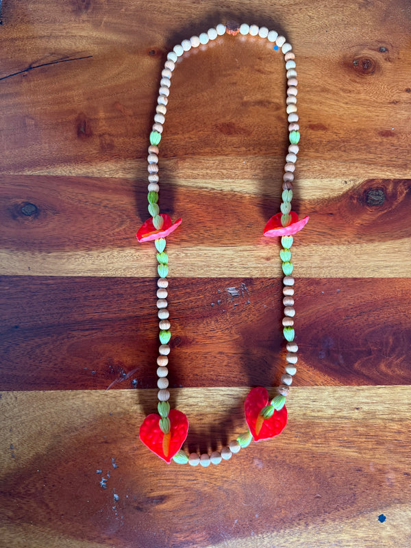 Red Anthurium w/ Green Pikake & Cedar Lei